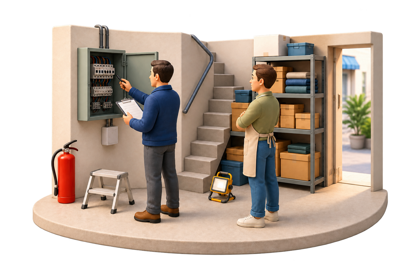 Illustrazione soft 3D di un tecnico che svolge il sopralluogo in una sede di lavoro