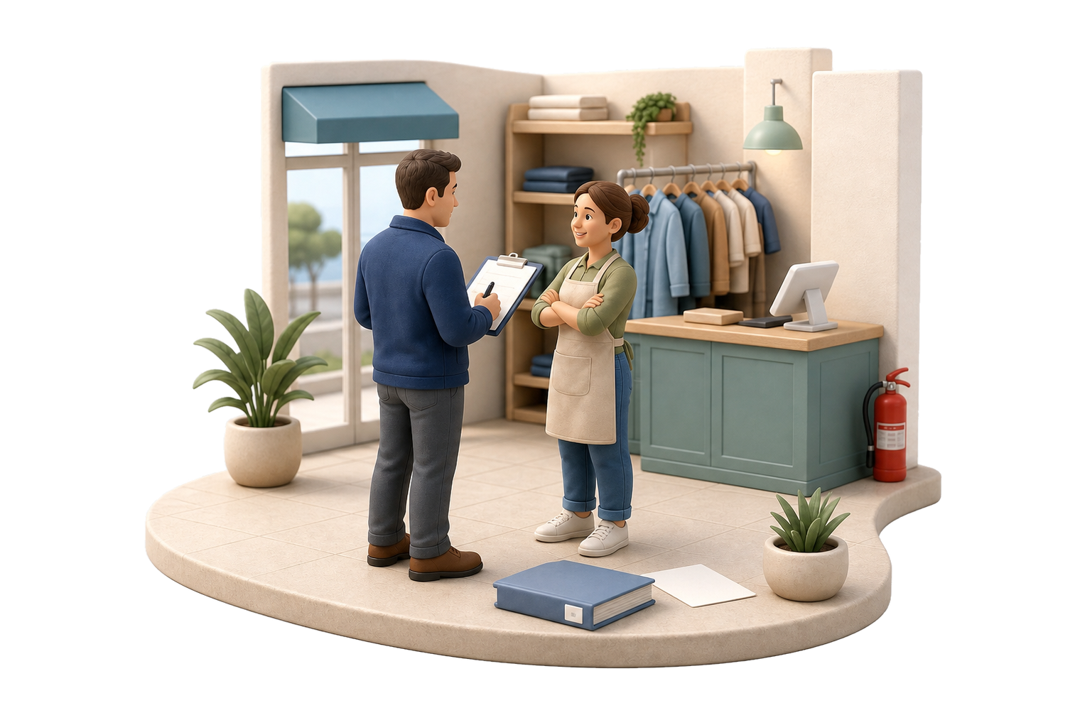 Diorama soft 3D di una piccola attività italiana con il tecnico durante il sopralluogo